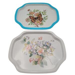 Set of 2 Vintage Floral Metal Trays – Butterfly & Spring Flower Motifs Cottage